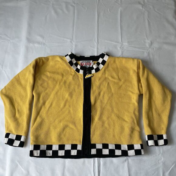 Vintage 80s Richard Sport Cardigan Sweater M Colorblock Checkered Taxi Mod Retro - Picture 2 of 10